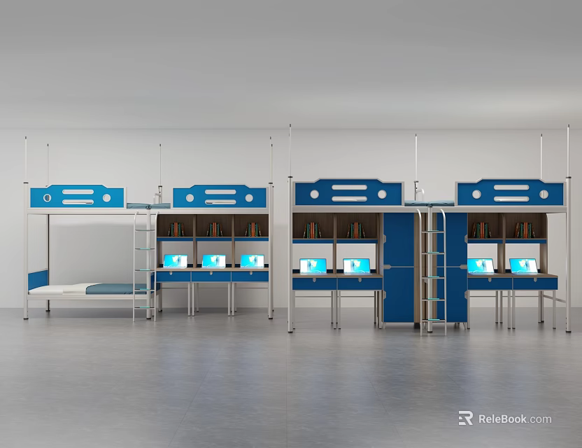 Blue Bunk Beds with Desks and Computers in Modern Dormitory Room 3d model