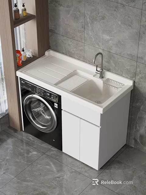 Modern Laundry Cabinet Setup With Washing Machine Sink Countertop Faucet And Storage Cabinets 3d model 