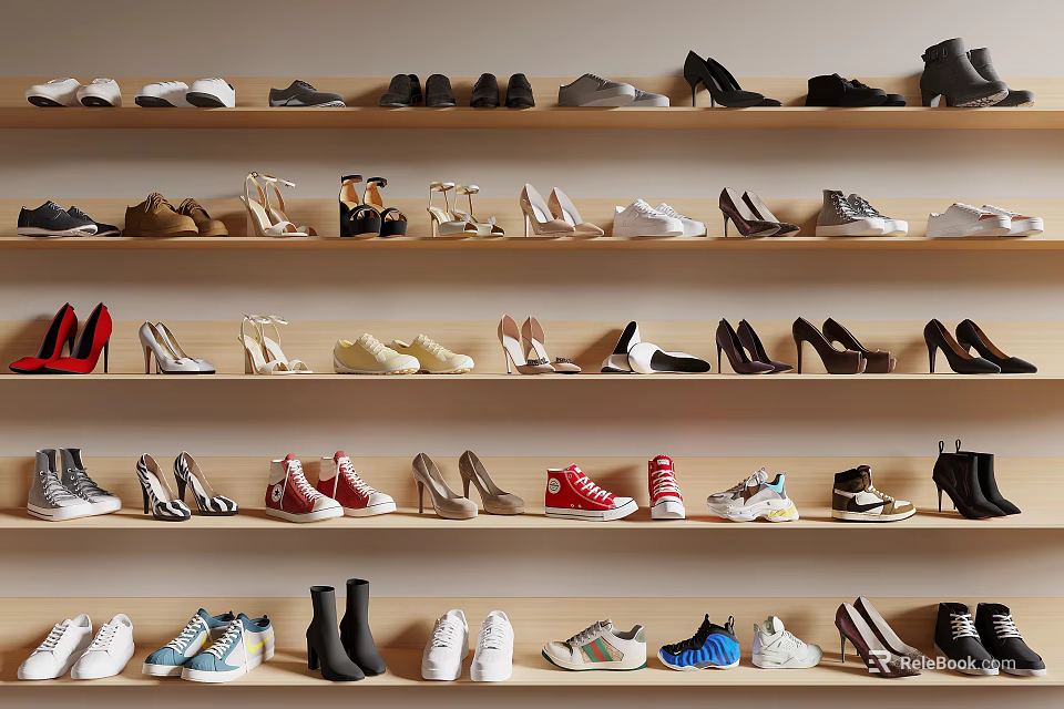 Various Styles Of Shoes Displayed On Wooden Shelves With Different Colors And Designs 3d model 