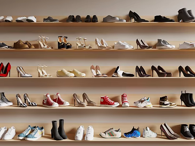 Various Styles Of Shoes Displayed On Wooden Shelves With Different Colors And Designs 3d model