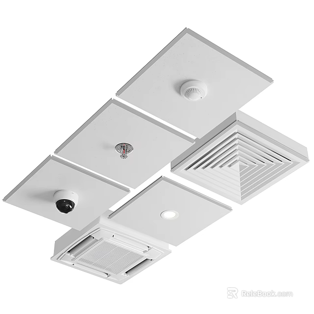 Modern Ceiling Air Conditioner Vents With Different Designs Smoke Detector And Camera 3d model 