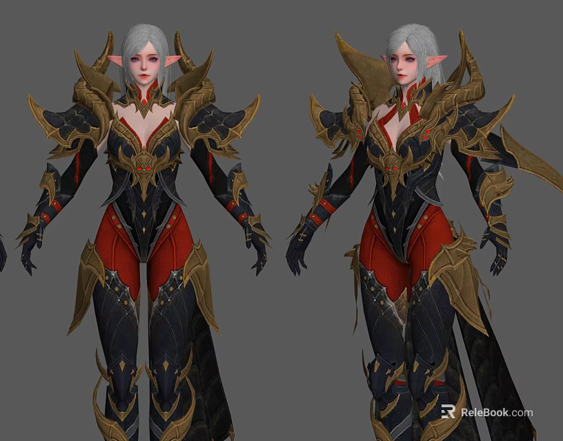 Game Female Elf Character With Silver White Hair Black Red Armor Golden Details Winged Shoulders 3d model 