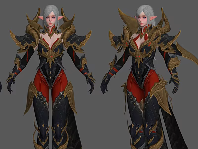 Game Female Elf Character With Silver White Hair Black Red Armor Golden Details Winged Shoulders 3d model