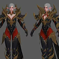 Game Female Elf Character With Silver White Hair Black Red Armor Golden Details Winged Shoulders