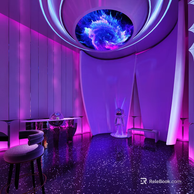 Purple Indoor Space With Circular Starry Sky Ceiling Curved Walls Shiny Black Floor And Sculpture 3d model 