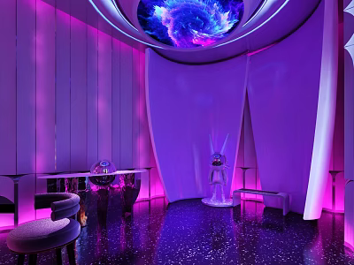 Purple Indoor Space With Circular Starry Sky Ceiling Curved Walls Shiny Black Floor And Sculpture 3d model
