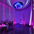 Purple Indoor Space With Circular Starry Sky Ceiling Curved Walls Shiny Black Floor And Sculpture