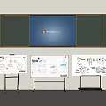 Office Collaboration Space With Whiteboards Sketches Projection Screen And Microsoft Teams Interface 3d model