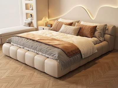 Modern Double Bed with Tufted Upholstered Headboard Neutral Bedding and Herringbone Wood Floor 3d model