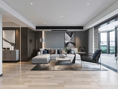 Modern Living Dining Room Interior With Sofa Coffee Table Rug And Floor to Ceiling Windows 3d model