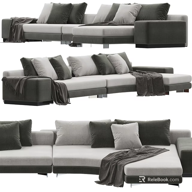Cozy Modern Sectional Sofa With Gray Beige Cushions And Throw Blanket 3d model