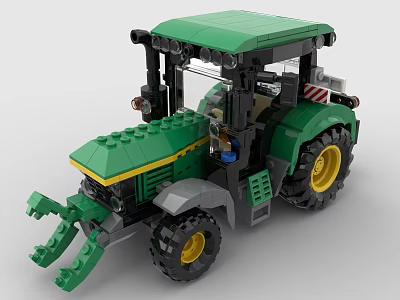 Green Tractor Model Constructed With Building Blocks Featuring Yellow Wheels And Cabin 3d model
