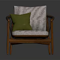 Modern Comfortable Armchair with Wooden Armrests Woven Design Light Gray Cushion and Green Pillow