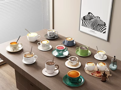 Various Colored Cups With Coffee And Tea On Wooden Table With Zebra Poster And Blinds 3d model