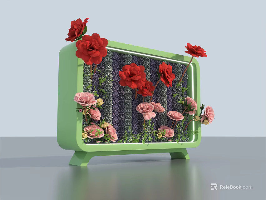 Elegant Floral Installation in Green Frame with Red Pink Flowers and Purple Backdrop 3d model 