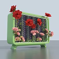 Elegant Floral Installation in Green Frame with Red Pink Flowers and Purple Backdrop