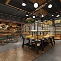 Warm Dessert Shop Interior With Wooden Ceiling Pendant Lights Bread And Pastry Display Cases