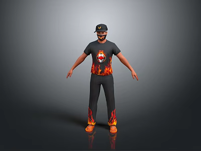 Man In Stylish Flame Printed T Shirt And Black Pants With Cap And Orange Shoes 3d model