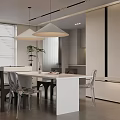 Modern Open Dining Area Interior With Kitchen Island Dining Table And Pendant Lights 3d model
