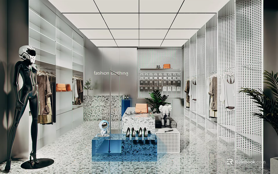 Modern Clothing Store Interior Design With Mannequin Hanging Clothes And Display Shelves 3d model 