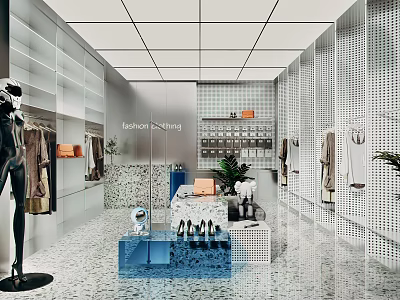 Modern Clothing Store Interior Design With Mannequin Hanging Clothes And Display Shelves 3d model