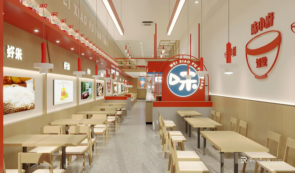 Red And White Themed Restaurant Interior With Tables Chairs Counter Hanging Lights And Menu Boards 3d model 