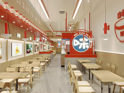 Red And White Themed Restaurant Interior With Tables Chairs Counter Hanging Lights And Menu Boards 3d model