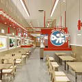 Red And White Themed Restaurant Interior With Tables Chairs Counter Hanging Lights And Menu Boards