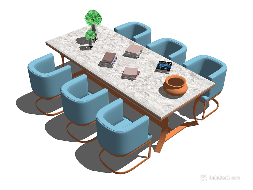 Dining Table Set With Marble Tabletop Six Blue Chairs And Decorative Items 3d model