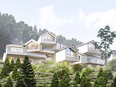 Modern Detached Villa On Hillside With Lush Trees And Large Windows 3d model