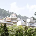 Modern Detached Villa On Hillside With Lush Trees And Large Windows 3d model