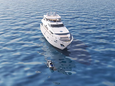 Luxury Yacht Sailing On Serene Blue Sea With Small Boat 3d model