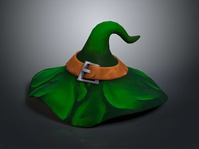 Green Witch Hat With Orange Band Silver Buckle And Leaf Shaped Brim 3d model