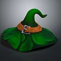 Green Witch Hat With Orange Band Silver Buckle And Leaf Shaped Brim
