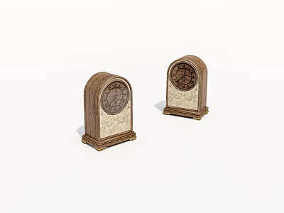 Two Brown Wooden Table Clocks Featuring Decorative Pattern Bases For Home Decor 3d model