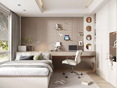 Tatami Bedroom Interior Design With Minimalist Desk Chair Natural Light And Wall Decor 3d model
