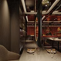 Restaurant Interior Design With Circular Golden Framed Mirror Green Plant And Dining Tables