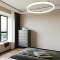 Modern Bedroom Interior With Gray Bed Nightstands Wooden Floor And Round Pendant Light