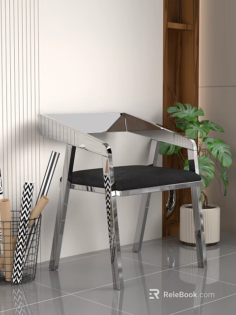 Modern Minimalist Leisure Chair With Chrome Metal Frame Black Cushion And Indoor Plant 3d model 