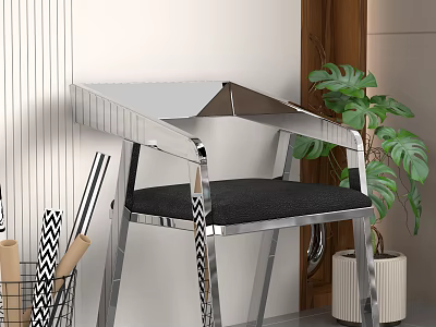 Modern Minimalist Leisure Chair With Chrome Metal Frame Black Cushion And Indoor Plant 3d model