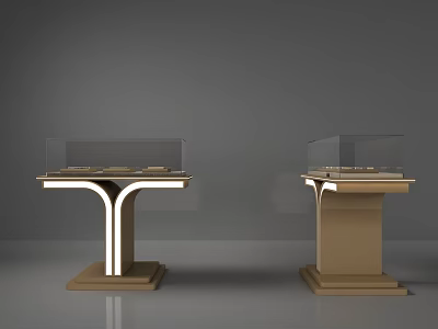 Modern Display Shelves With Glass Cases Golden Bases And White Lighting 3d model