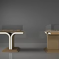 Modern Display Shelves With Glass Cases Golden Bases And White Lighting