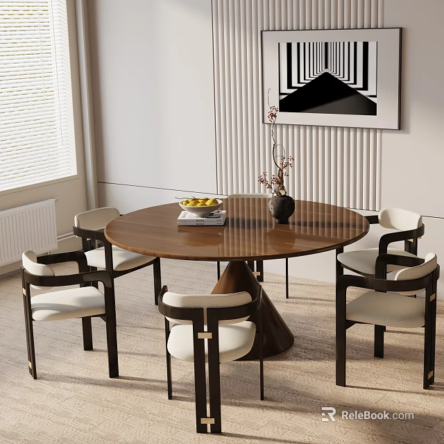 Modern Round Wooden Dining Table Set With Four Chairs White Cushions Fruit Bowl And Vase 3d model 