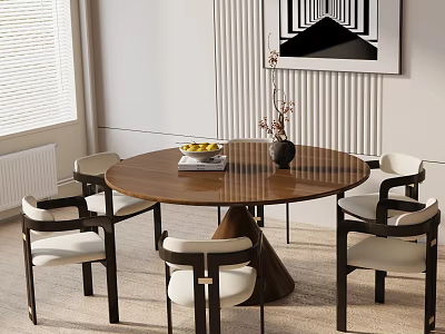 Modern Round Wooden Dining Table Set With Four Chairs White Cushions Fruit Bowl And Vase 3d model