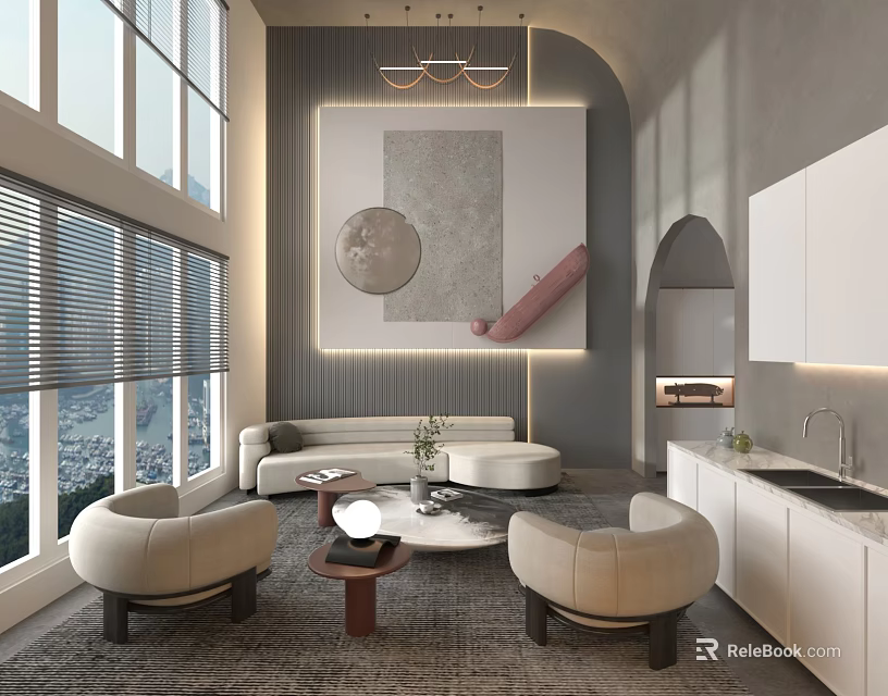 Modern Living Room Interior With Large Windows Blinds Gray Sofa Round Armchairs And Coffee Table 3d model 