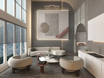 Modern Living Room Interior With Large Windows Blinds Gray Sofa Round Armchairs And Coffee Table 3d model