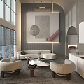 Modern Living Room Interior With Large Windows Blinds Gray Sofa Round Armchairs And Coffee Table