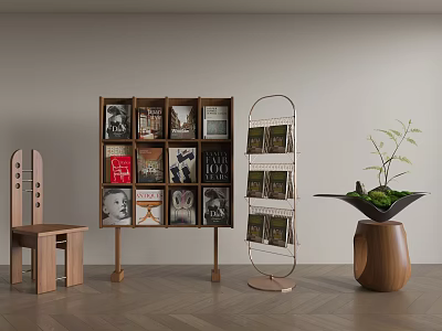 Modern Wooden Bookcase with Books and Metal Magazine Rack in Minimalist Interior with Wooden Stool 3d model