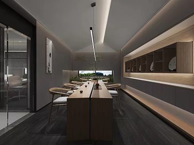 Modern Meeting Room Interior With Wooden Conference Table Pendant Light And Natural View 3d model