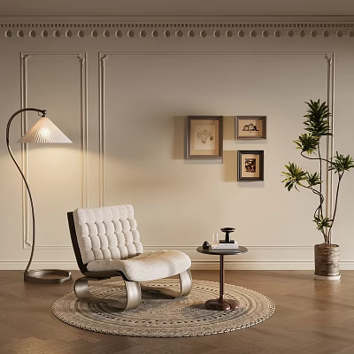 Comfortable Tufted White Leisure Chair With Floor Lamp Wall Paintings Side Table And Plant 3d model